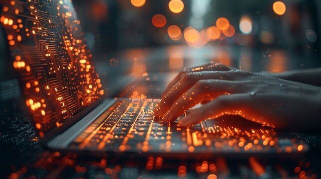 A concept of digital technology and software development, a coding programmer working on a laptop with javascript on a virtual screen, and IoT - the internet of things