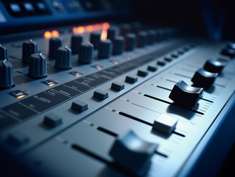 close up shot detail sound mixer control panel button in natural light. DJ or studio sound mixer recorded close up view 