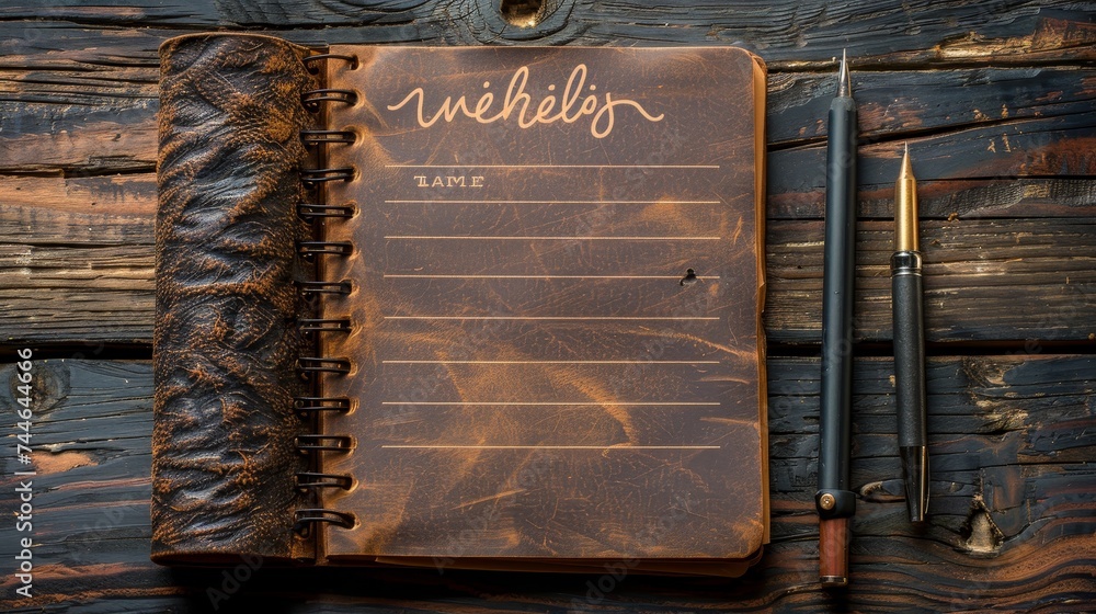 Aufkleber on a rustic wood table, a simple blank notepad with the phrase wish list appears
