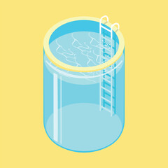 Swimming pool with clear water and waves in the form of transparent glass on a yellow background. Vector isometric illustration. Summer holidays by the pool. Colorful image of summer fun.