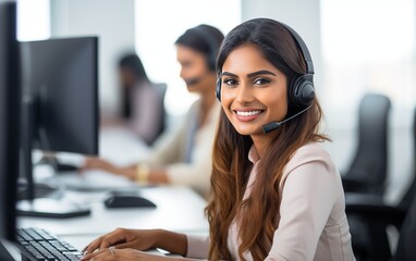 Operatrice Call Center indiana sorridente che lavora