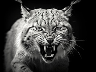 Close-up of the head of an aggressive lynx ready to attack. Wild animal in monochrome style. 