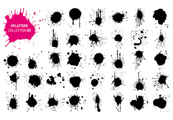Vector black ink drops and paint splashes. Hand drawn design elements isolated on white background