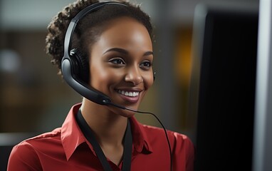 Operatrice Call Center di colore sorridente che lavora
