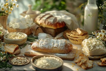On a light blue background, there's a neat arrangement of various types of bread and baked goods, seen from above.
