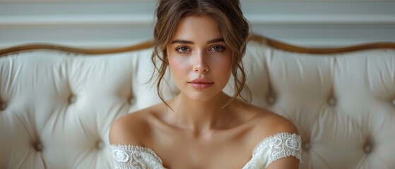 An attractive caucasian brunette model like a bride sits on a sofa indoors in a white studio interior like at home. Trendy wedding style shot at full length. - Powered by Adobe