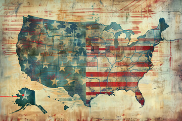 Map of USA: Vintage Stars and Stripes  - obrazy, fototapety, plakaty