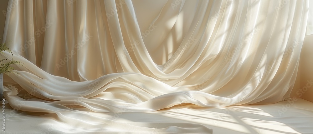Poster A minimalist abstract light beige background with a light and shadow effect of window curtains on the wall is used for product presentations.