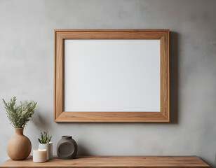 Blank wooden picture frame mockup on wall in modern interior. Horizontal artwork template mock up for artwork, painting, photo or poster in interior design 