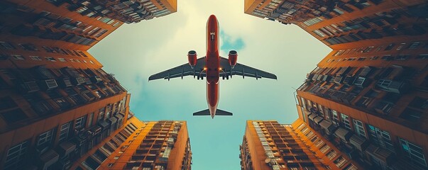 Low angle view of airplane flying over buildings. - obrazy, fototapety, plakaty