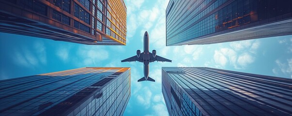 Low angle view of airplane flying over buildings.