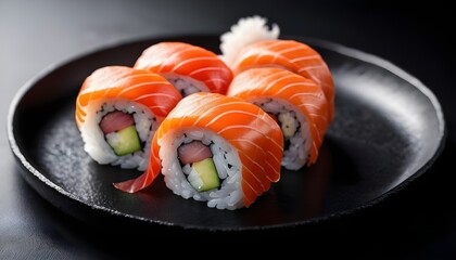 Some sushi and sashimi pieces on japanese black dish macro