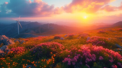 Wind turbine , pure nature energy in the sunset time