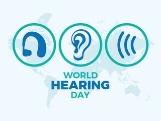 World Hearing Day poster vector illustration. Human ear, hearing aid, sound round icon set vector. Template for background, banner, card. March 3 every year. Important day