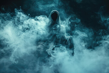 scary ghost with smoke on dark background - obrazy, fototapety, plakaty