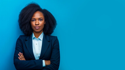 Portrait of a successful African American businesswoman wearing a blue suit on a light blue background