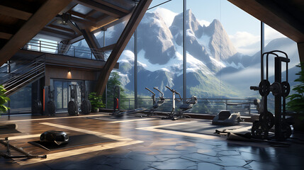 A gym for a high-altitude location, incorporating altitude training equipment and mountain views. - obrazy, fototapety, plakaty