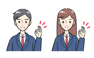 OKサインをする男子高校生・女子高生セット