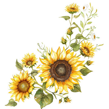 Watercolor illustration of sunflowers arrangement appears dynamic yet harmonious, suitable for a variety of decorative purposes where a touch of nature's beauty is desired
