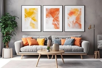 Modern living room interior with three posters on the wall. 3d rendering