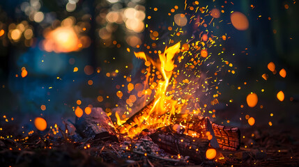 Fototapeta na wymiar Twilight Campfire Sparkling in the Forest