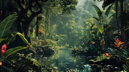 Exotic animals in a jungle illustration - obrazy, fototapety, plakaty