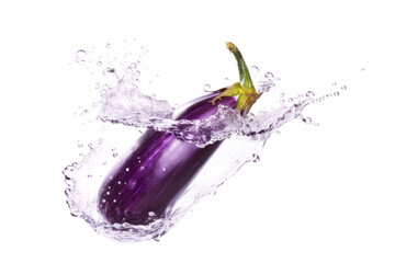 Freshness frozen in time: a vibrant eggplant enveloped by a crystal-clear splash
