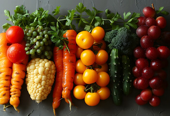 Beautiful view of a variety of nutritious fruits and vegetables on a table