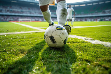 Obraz premium In a large athletic stadium, an international football player, clad in shin guards and cleats, positions himself behind a soccer ball on a grass field