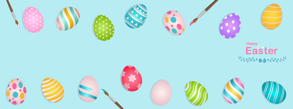 Happy Easter banner vector illustration, top view of colorfully painted Easter eggs and paintbrush on blue background, painting egg with brush, sweet decorative holiday celebration.
