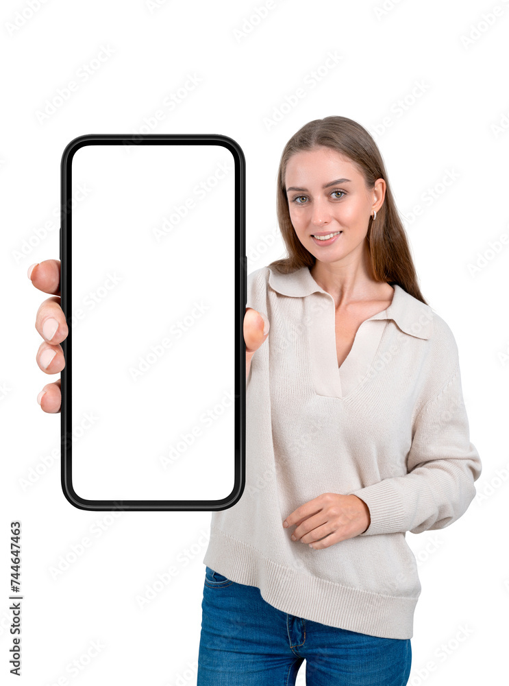 Poster smiling woman hand showing phone with large mock up copy space display, isolated over white backgrou