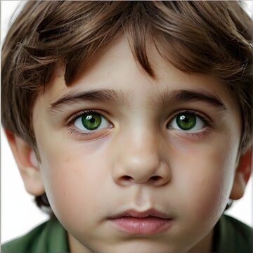 Little boy with brown hair and green eyes. Generative AI