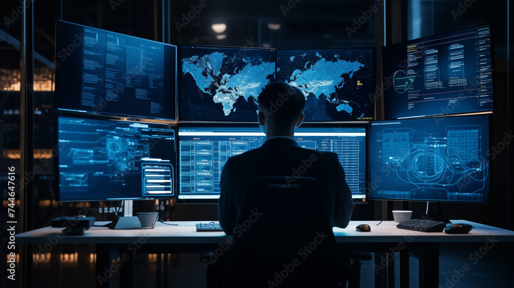 Poster data science and big data technology. scientist computing, analysing and visualizing complex data se