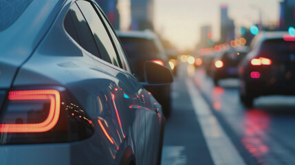 Close-up of a self-driving cars sensor system, Brake lights illuminate a congested city street at dusk, capturing the daily grind of commuters in the evening rush hour.