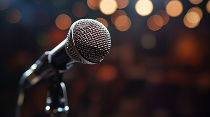 A detailed close-up of a microphone on a stand, set against a backdrop of soft bokeh lights, ready...