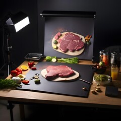 Raw meat with vegetables on a black board in a photo studio.