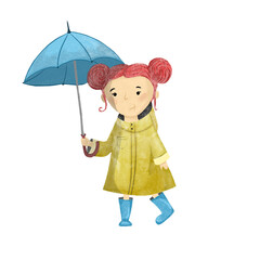Cute little red hair girl in yellow raincoat with blue umbrella and in blue boots