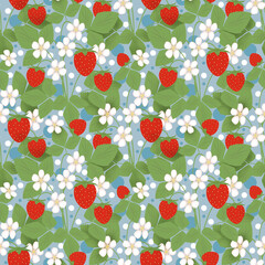 Seamless bright pattern with strawberries, white flowers on a blue, green background. - 744648041