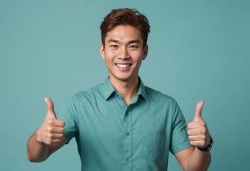 A man in a bright teal shirt gives double thumbs up with a broad smile. His energetic expression and casual style convey a positive message. - obrazy, fototapety, plakaty