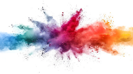 A white background is the backdrop for an explosion of colored powder, Colorful Holi powder blowing up,Multicolor powder explosion on white background
