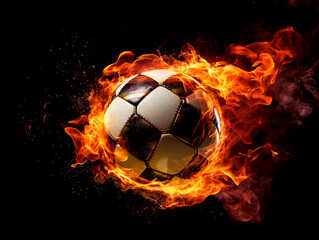 Naklejka premium Soccer ball in fire flames isolated on black background.