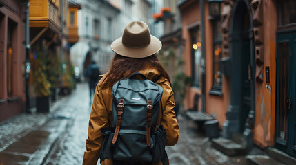 Tourist Woman with Hat and Backpack, generative ai
