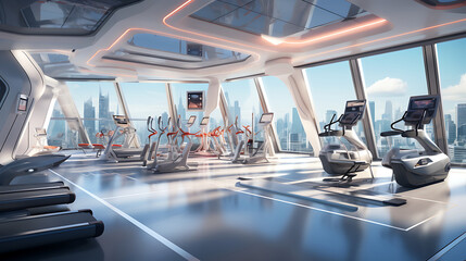 A gym interior for a futuristic cityscape fitness center, with skyscraper views and high-tech...