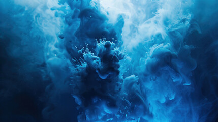 Blue paint drop mixing in water towards to camera. Ink swirling underwater. Cloud of ink isolated on black background. Abstract smoke explosion effect with particles.