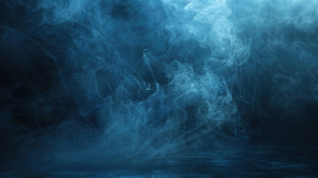Abstract image of dark room concrete floor. Black room or stage background for product placement. Panoramic view of the abstract fog. White cloudiness, mist or smog moves on black background.