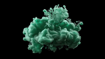 Green paint drop mixing in water towards to camera. Ink swirling underwater. Cloud of ink isolated on black background. Abstract smoke explosion effect with particles.