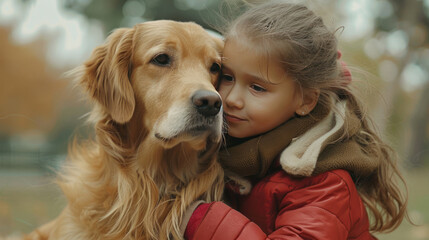 Little girl with golden retriever dog in the park.