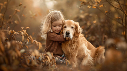 Little girl with golden retriever dog in the park.