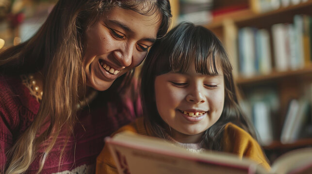 Smiling latin teen girl with down syndrome and her mom reading a book at home, in disability concept in Latin America.