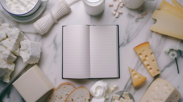 A notebook on a marble countertop surrounded by dairy products like yogurt and cheese, with a glass of milk, depicting calcium-rich foods.